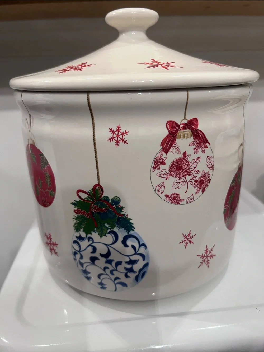 Southern Living White Ceramic Holiday Canister with Red and Blue Ornament Motifs